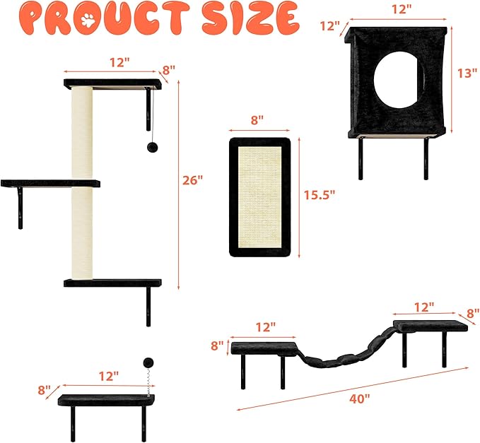 NUNU LAB Wall Mounted Cat Furniture, 5 Pcs Cat Wall Shelves with House, Bridge, Steps, Scratching Post, Shelves, Indoor Safe & Stable Furniture for Kittens Play, Black