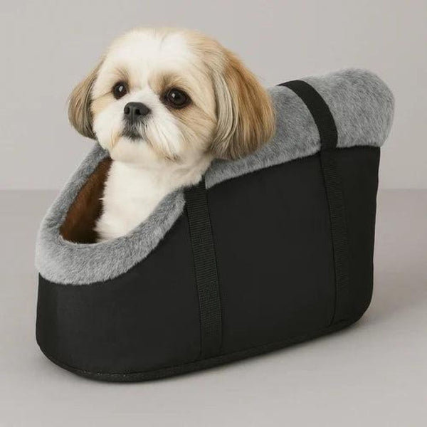 Cute sitting inside black gray pet carrier bag