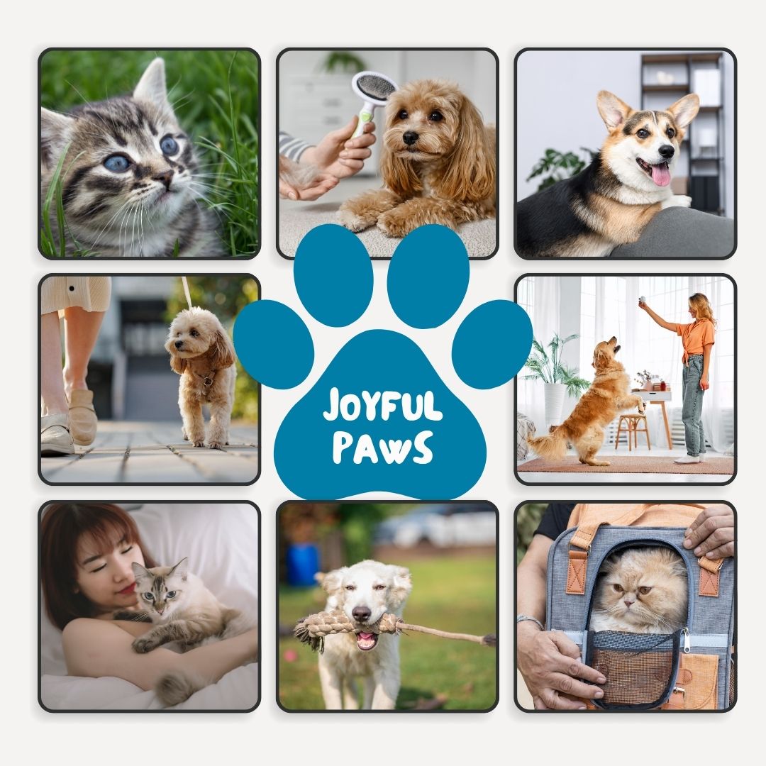 Collage of images featuring cats and dogs with 'Joyful Paws' logo in the center.