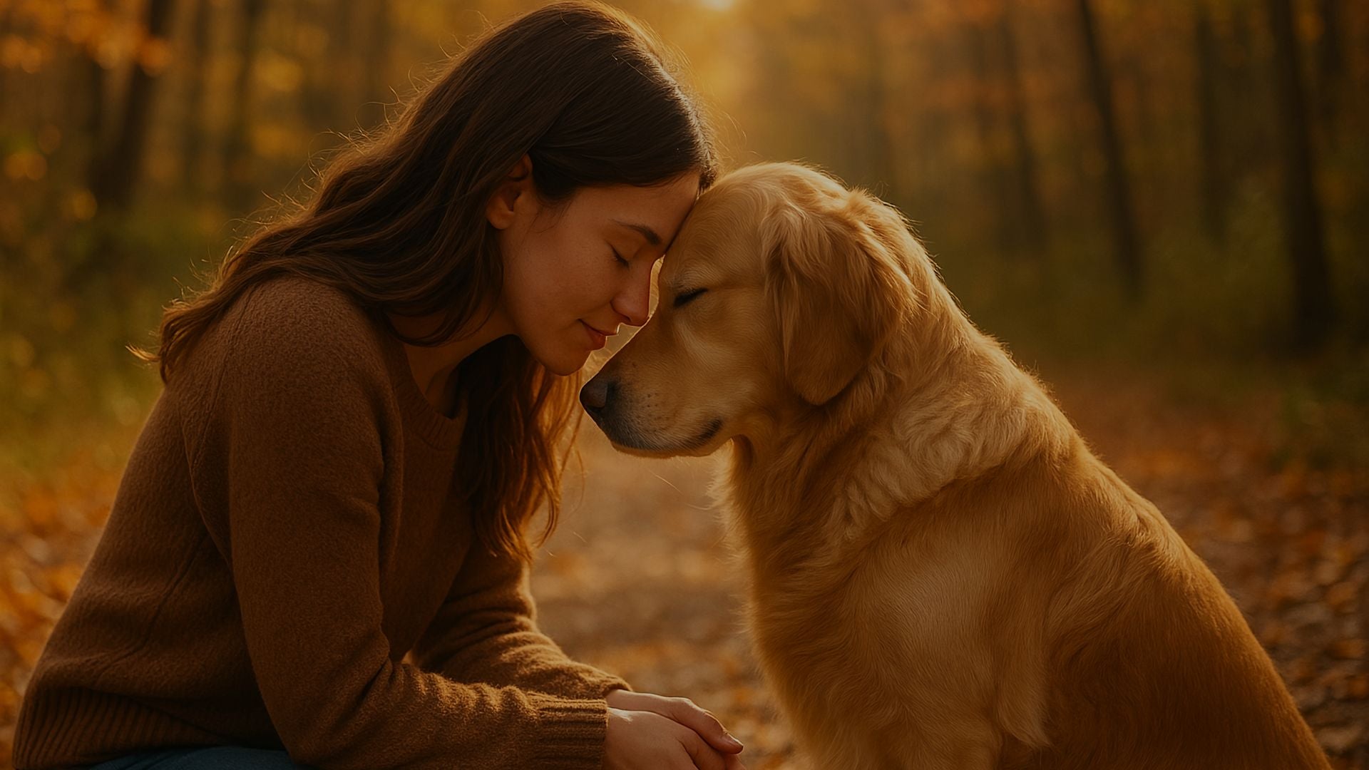 Woman sitting in a forest with a golden retriever during autumn.